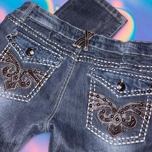 vtg y2k thrill faux leather studded bling pocket low rise skinny jeans, sz 13